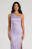 Lilac Spandex One Shoulder Sheath Long Bridesmaid Dress with Slit
