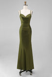 Olive Satin Spaghetti Straps Long Sheath Bridesmaid Dress