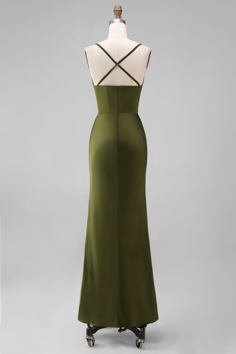 Olive Satin Spaghetti Straps Long Sheath Bridesmaid Dress