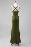 Olive Satin Spaghetti Straps Long Sheath Bridesmaid Dress