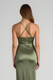 Olive Satin Spaghetti Straps Long Sheath Bridesmaid Dress