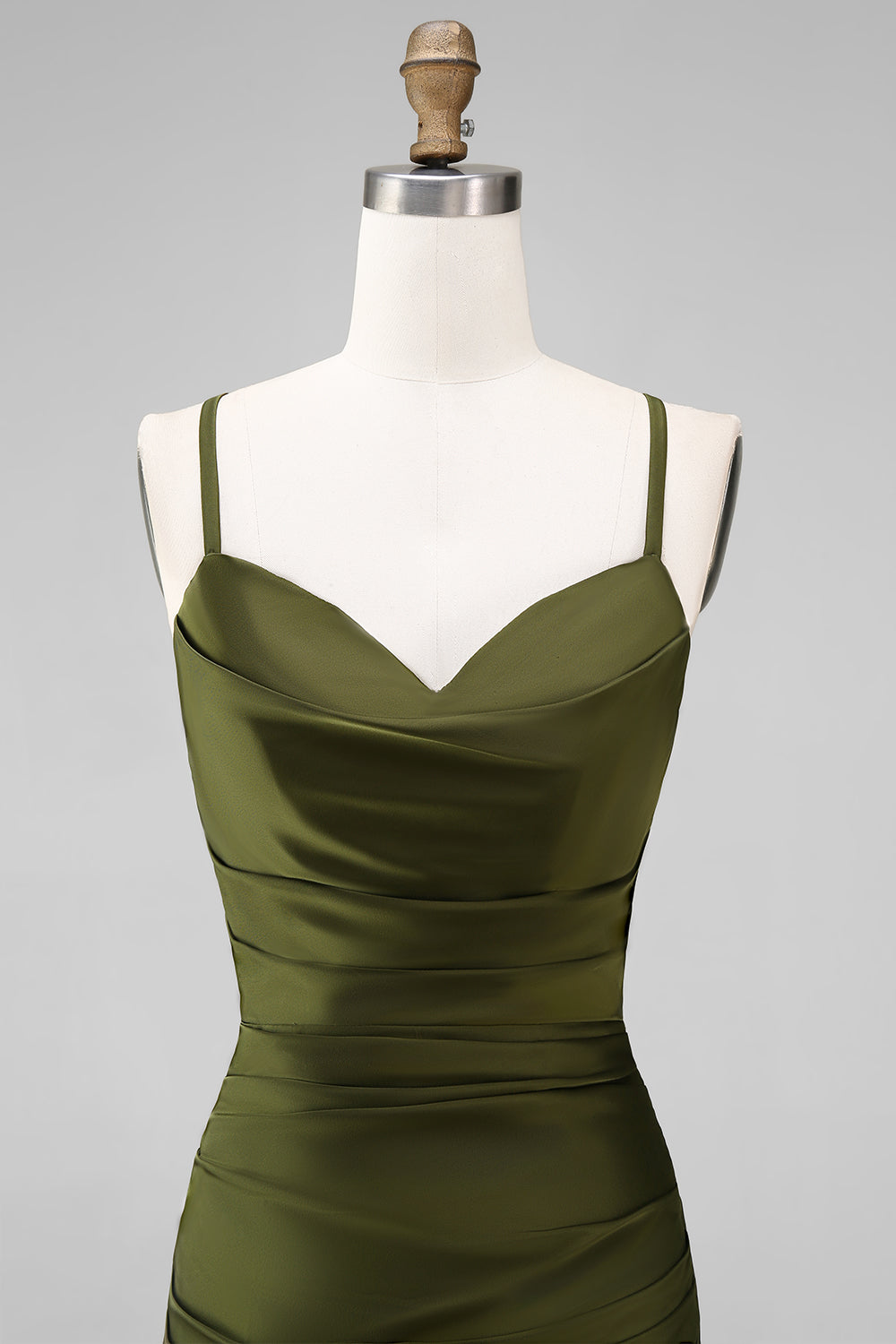 Olive Satin Spaghetti Straps Long Sheath Bridesmaid Dress