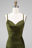 Olive Satin Spaghetti Straps Long Sheath Bridesmaid Dress