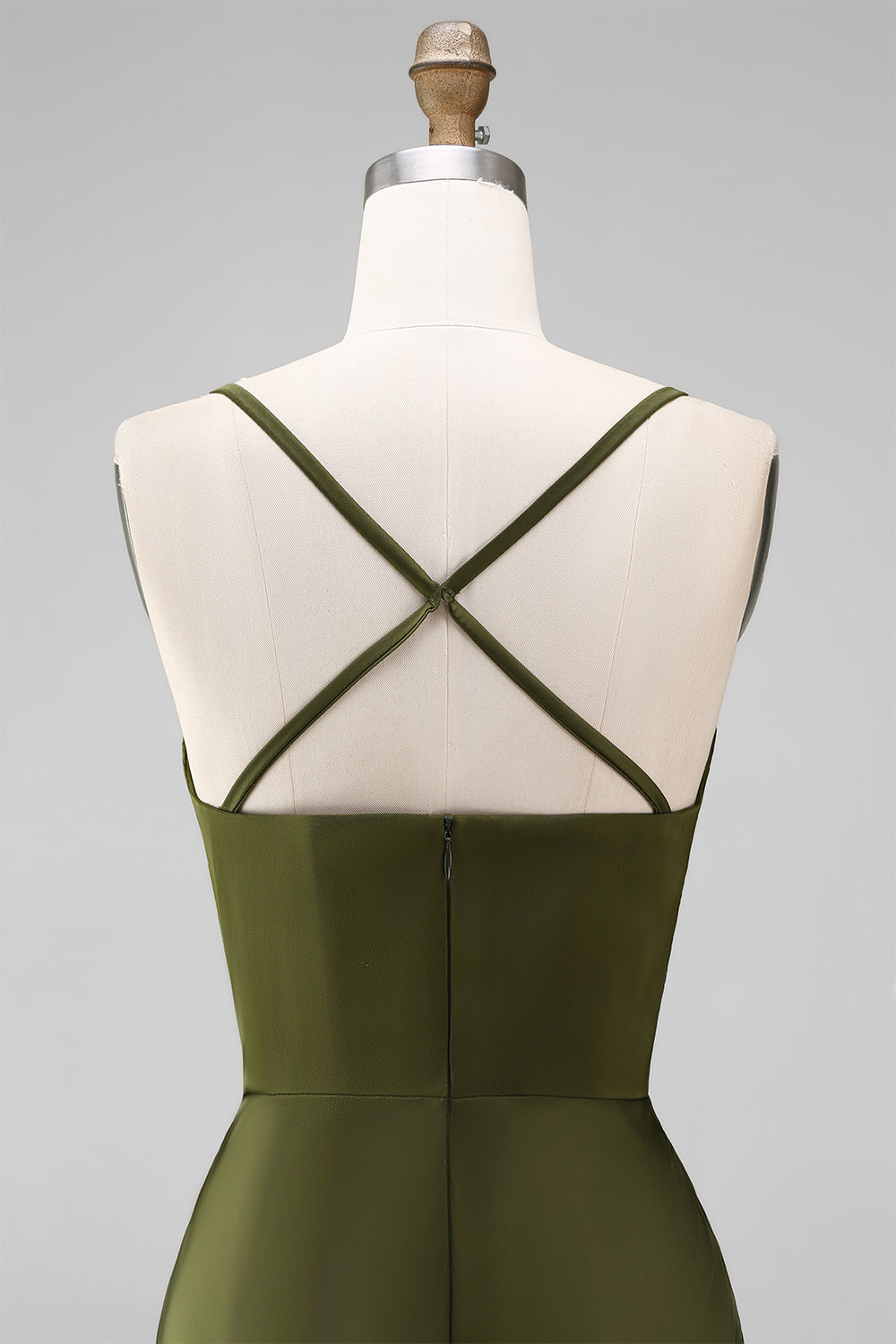 Olive Satin Spaghetti Straps Long Sheath Bridesmaid Dress