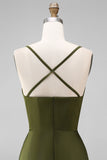 Olive Satin Spaghetti Straps Long Sheath Bridesmaid Dress