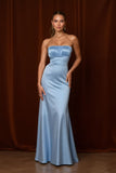 Light Blue Satin Mermaid Strapless Long Bridesmaid Dress