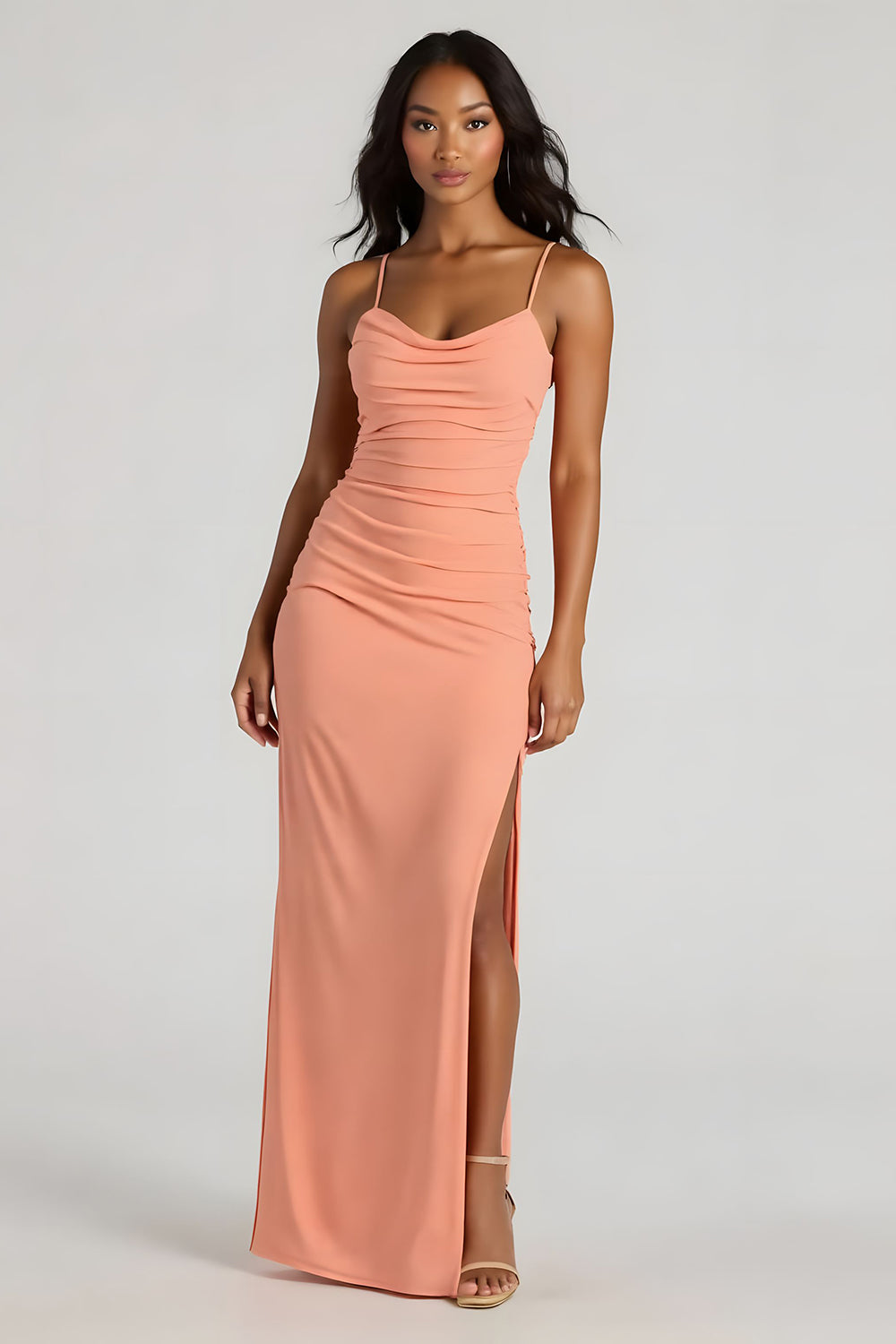 Zapakasa Women Sunset Spandex Long Bridesmaid Dress with Slit Sheath Ruched Spaghetti Straps Backless Wedding Guest Dress Zapakasa Women Sunset Spandex Long Bridesmaid Dress with Slit Sheath Ruched Spaghetti Straps Backless Wedding Guest Dress
