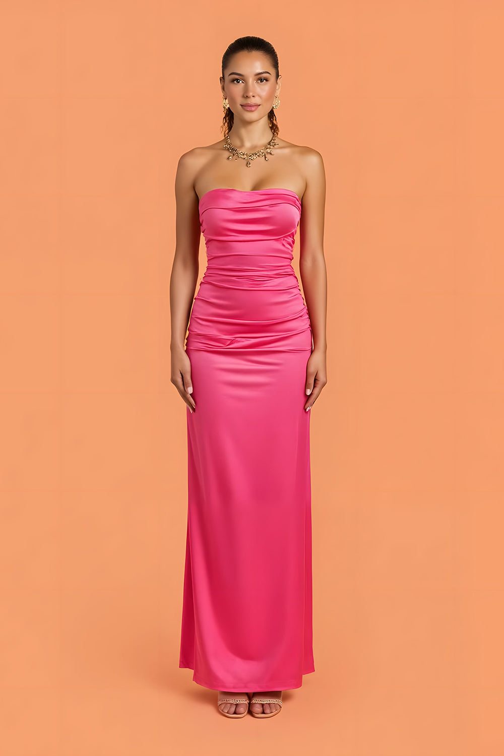 Hot Pink Sheath Satin Ruched Strapless Long Bridesmaid Dress