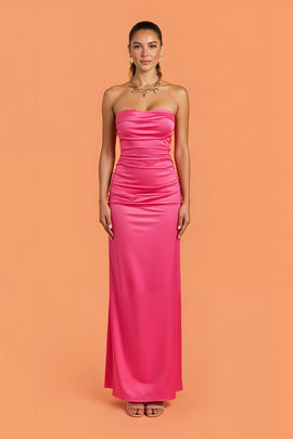 Hot Pink Sheath Satin Ruched Strapless Long Bridesmaid Dress