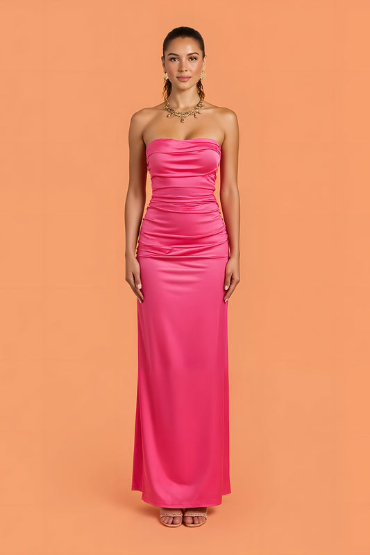 Hot Pink Sheath Satin Ruched Strapless Long Bridesmaid Dress