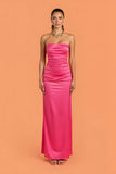 Hot Pink Sheath Satin Ruched Strapless Long Bridesmaid Dress