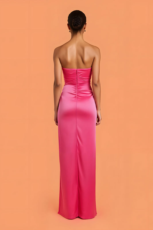 Hot Pink Sheath Satin Ruched Strapless Long Bridesmaid Dress