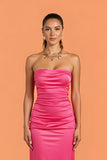 Hot Pink Sheath Satin Ruched Strapless Long Bridesmaid Dress