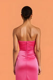 Hot Pink Sheath Satin Ruched Strapless Long Bridesmaid Dress