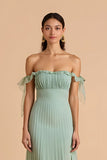 Sage Green A Line Chiffon Pleated Long Bridesmaid Dress with Ruffles