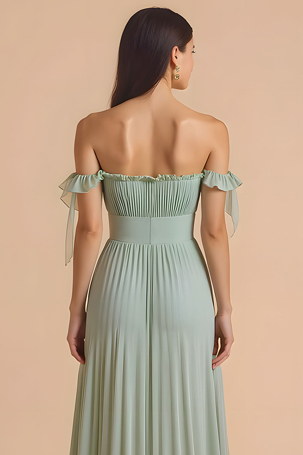 Sage Green A Line Chiffon Pleated Long Bridesmaid Dress with Ruffles