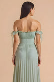 Sage Green A Line Chiffon Pleated Long Bridesmaid Dress with Ruffles