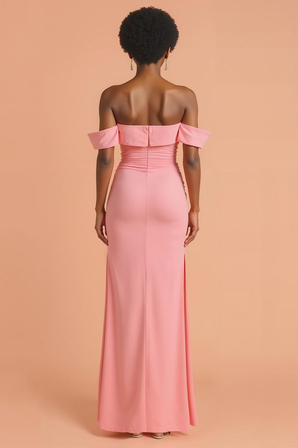 Pink Chiffon Sheath Off The Shoulder Long Bridesmaid Dress with Slit