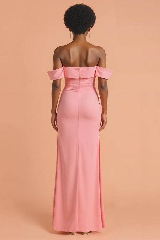 Pink Chiffon Sheath Off The Shoulder Long Bridesmaid Dress with Slit