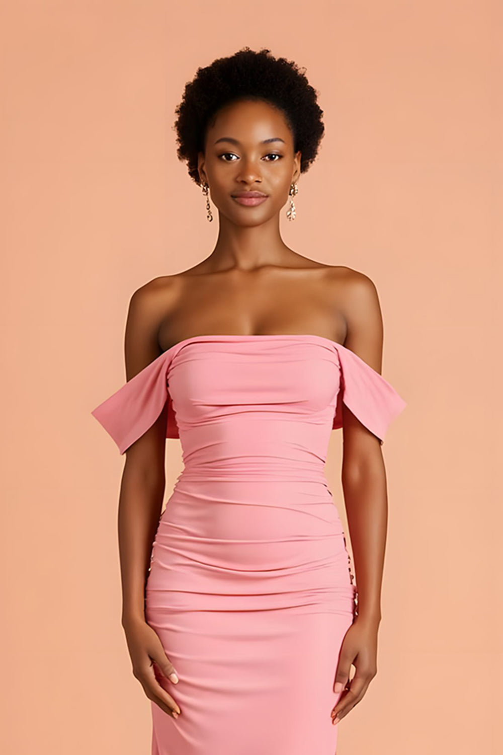 Pink Chiffon Sheath Off The Shoulder Long Bridesmaid Dress with Slit