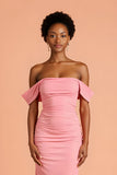 Pink Chiffon Sheath Off The Shoulder Long Bridesmaid Dress with Slit