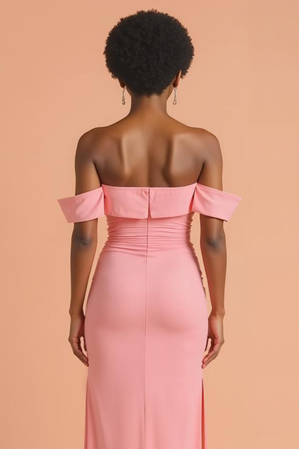 Pink Chiffon Sheath Off The Shoulder Long Bridesmaid Dress with Slit