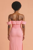 Pink Chiffon Sheath Off The Shoulder Long Bridesmaid Dress with Slit