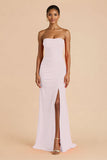 Orange Sheath Chiffon Ruched Strapless Long Bridesmaid Dress with Slit