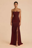 Orange Sheath Chiffon Ruched Strapless Long Bridesmaid Dress with Slit
