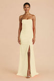 Orange Sheath Chiffon Ruched Strapless Long Bridesmaid Dress with Slit