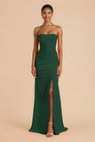 Orange Sheath Chiffon Ruched Strapless Long Bridesmaid Dress with Slit