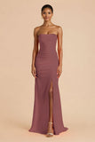 Orange Sheath Chiffon Ruched Strapless Long Bridesmaid Dress with Slit