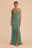 Orange Sheath Chiffon Ruched Strapless Long Bridesmaid Dress with Slit