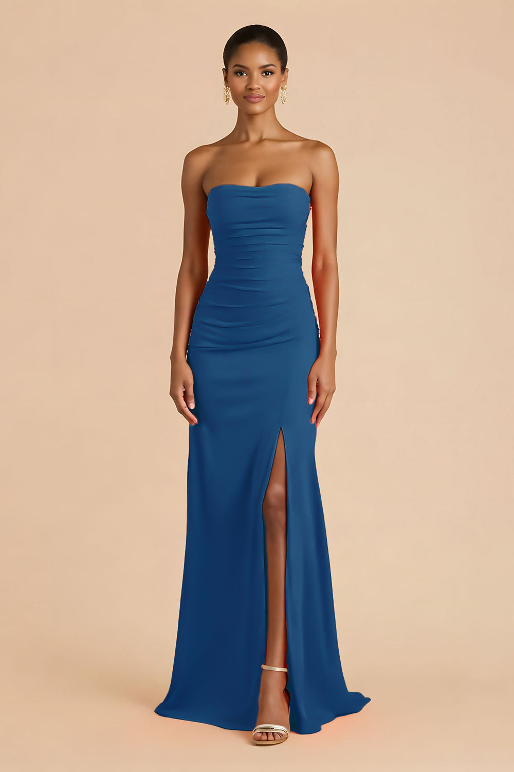 Orange Sheath Chiffon Ruched Strapless Long Bridesmaid Dress with Slit