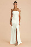 Orange Sheath Chiffon Ruched Strapless Long Bridesmaid Dress with Slit