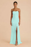 Orange Sheath Chiffon Ruched Strapless Long Bridesmaid Dress with Slit