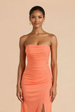 Orange Sheath Chiffon Ruched Strapless Long Bridesmaid Dress with Slit