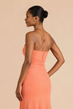 Orange Sheath Chiffon Ruched Strapless Long Bridesmaid Dress with Slit