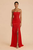 Orange Sheath Chiffon Ruched Strapless Long Bridesmaid Dress with Slit
