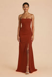 Orange Sheath Chiffon Ruched Strapless Long Bridesmaid Dress with Slit