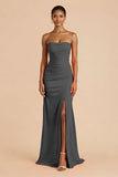 Orange Sheath Chiffon Ruched Strapless Long Bridesmaid Dress with Slit