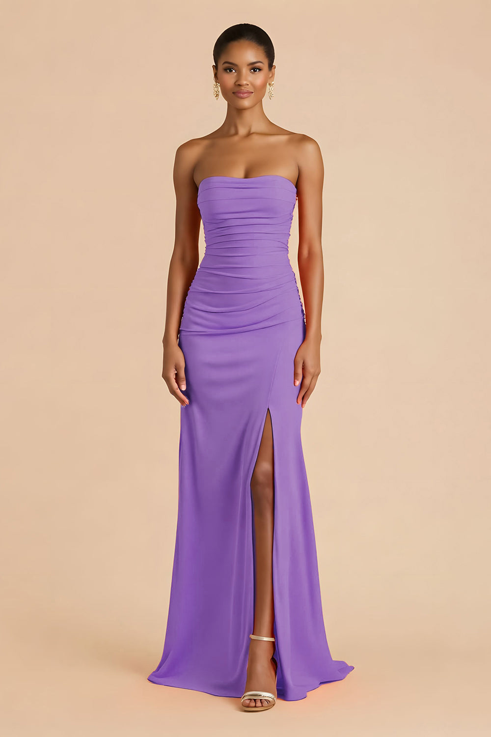 Orange Sheath Chiffon Ruched Strapless Long Bridesmaid Dress with Slit