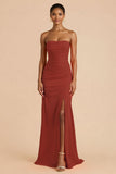 Orange Sheath Chiffon Ruched Strapless Long Bridesmaid Dress with Slit