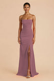Orange Sheath Chiffon Ruched Strapless Long Bridesmaid Dress with Slit