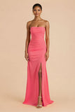 Orange Sheath Chiffon Ruched Strapless Long Bridesmaid Dress with Slit