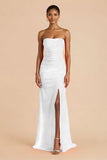 Orange Sheath Chiffon Ruched Strapless Long Bridesmaid Dress with Slit