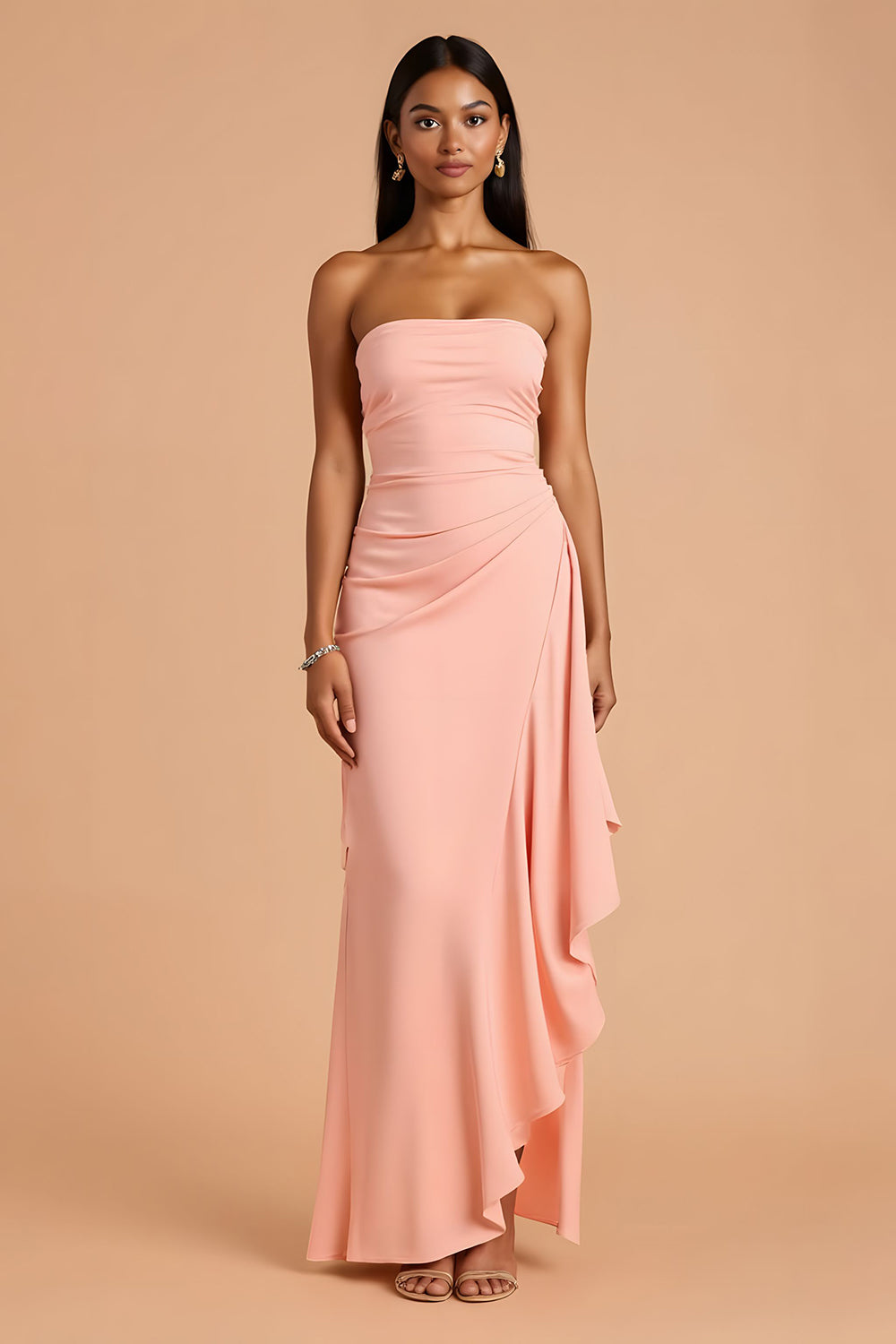 Zapaka Women Blush Sheath Bridesmaid Dress Strapless Ruffled Long Wedding Guest Dress with Slit, Blush / US8