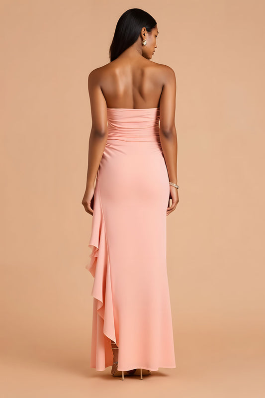Blush Chiffon Sheath Strapless Long Bridesmaid Dress with Ruffles