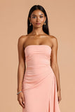 Blush Chiffon Sheath Strapless Long Bridesmaid Dress with Ruffles