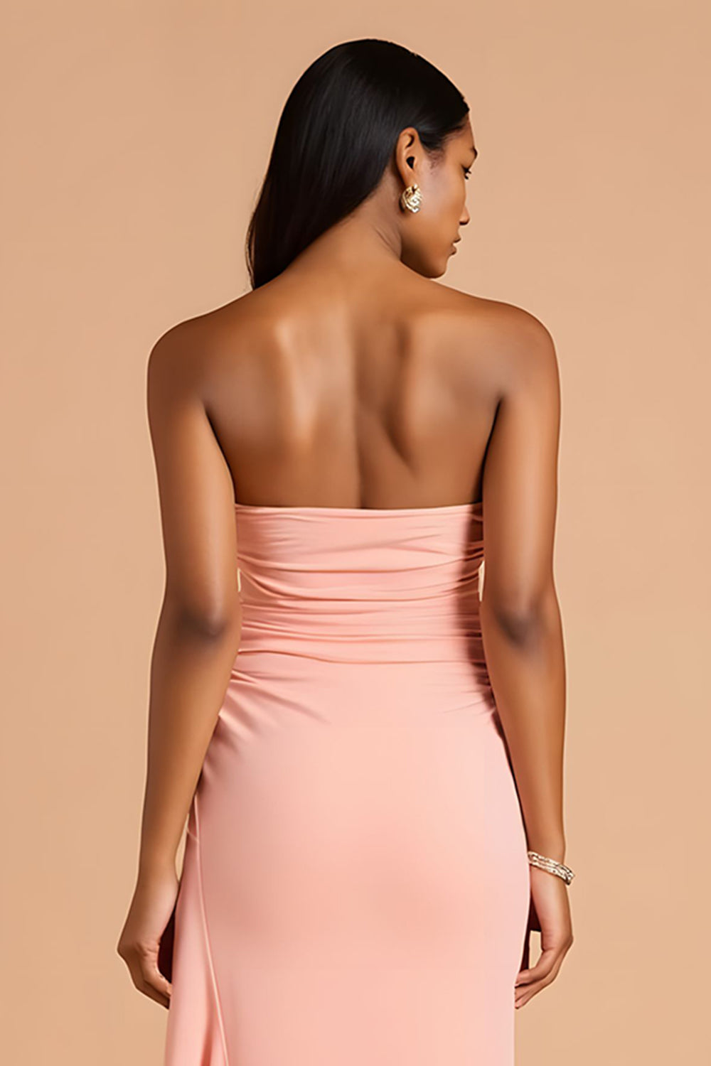 Blush Chiffon Sheath Strapless Long Bridesmaid Dress with Ruffles